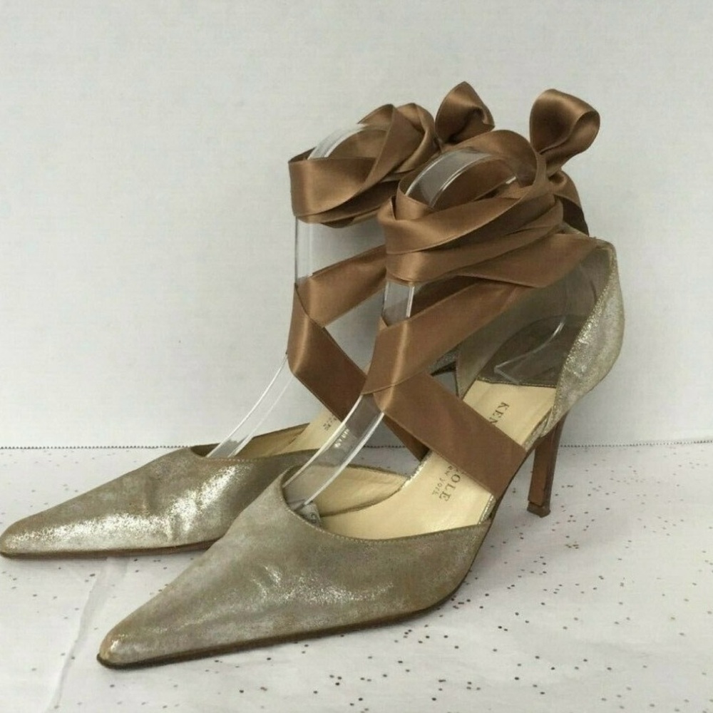 Kenneth Cole New York Metallic Pointed Toe Ribbon Tie Heels...